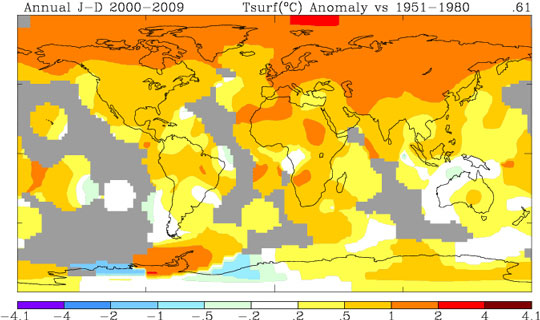 World map color-coded to show difference average annual temperatures for 2000 - 2009 compared with 1951 - 1980.