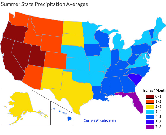 Map of USA state average precipitation in summer