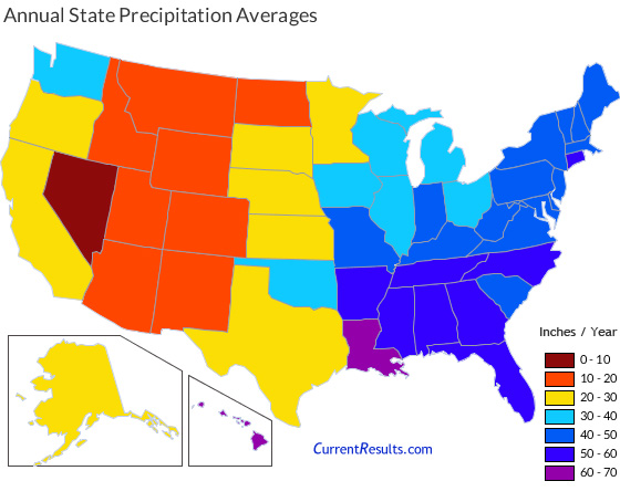 USA map of annual average state precipitation