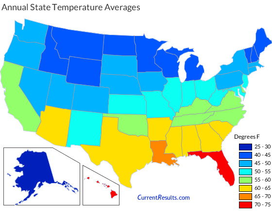 USA state map of annual average temperatures