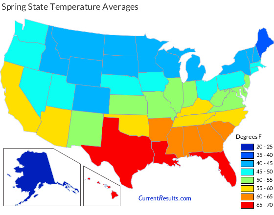 USA state map of average spring temperatures