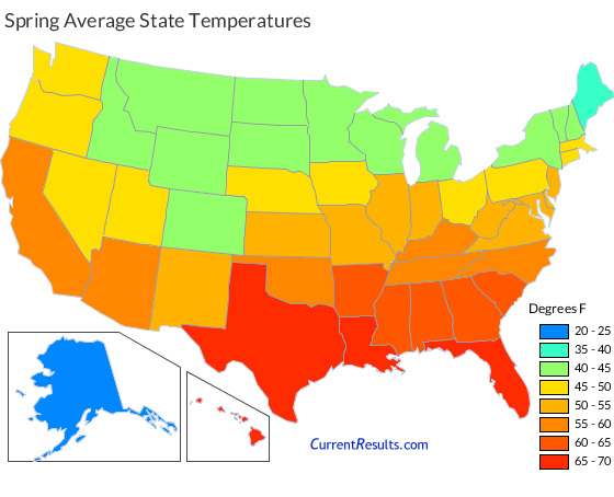 Map of USA state average temperatures in spring