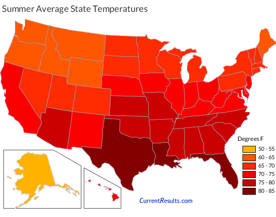 Map of USA state average temperatures in summer