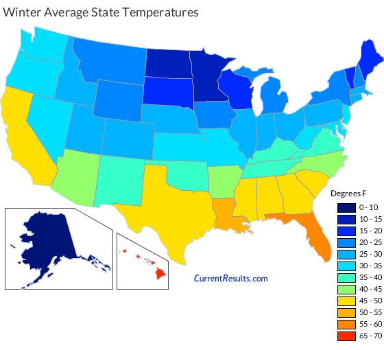 Map of USA state average temperatures in winter